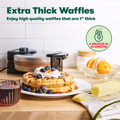 BELLA Classic Belgian Waffle Maker, 7" Round, Non Stick, Waffle Iron Makes 1” Thick Waffles, Variable browning control knob, Stay-cool handle with locking latch, Stainless Steel