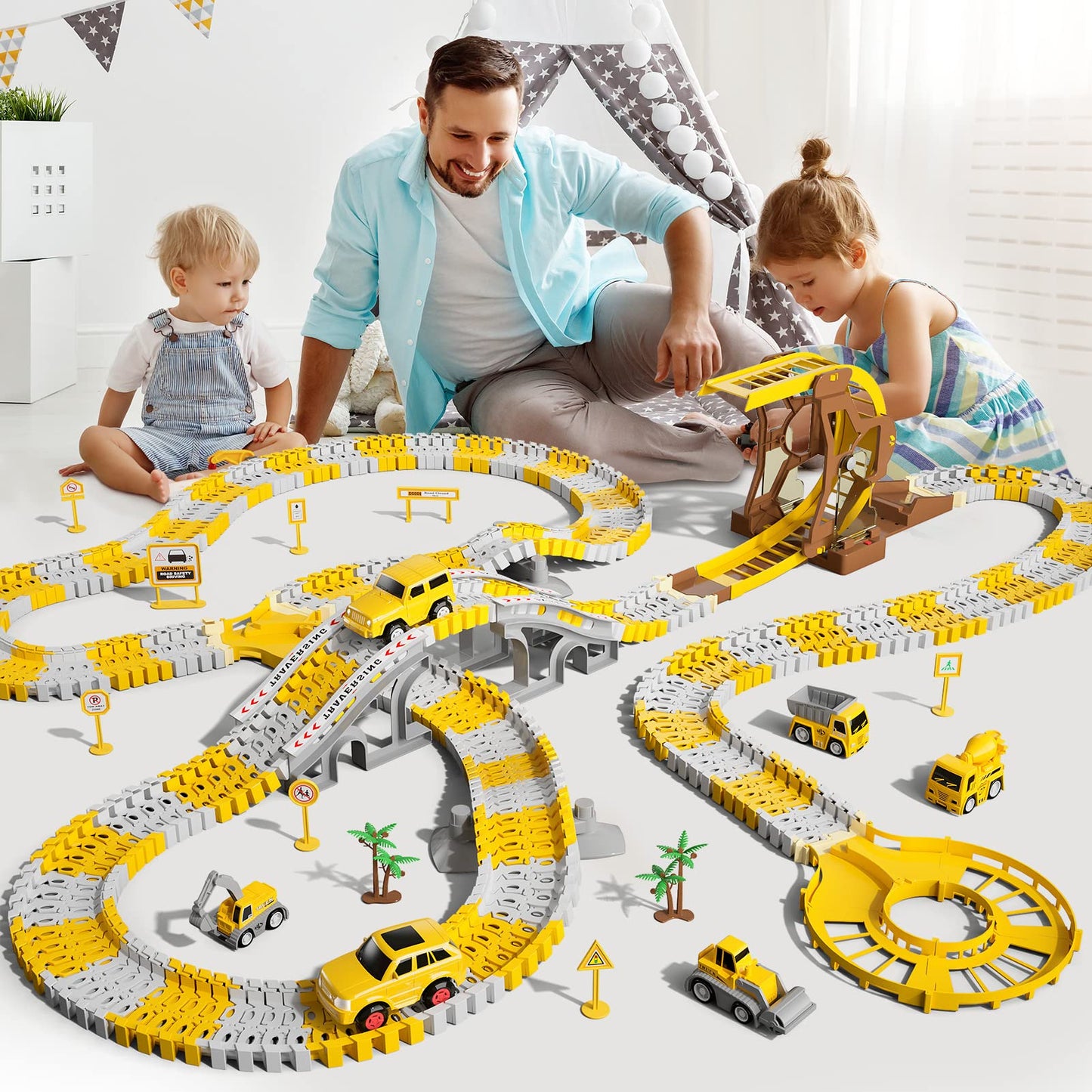 KuKuFun Race Tracks Toys Gifts for 2 3 4 5 Year Old Boys Kids, 299 PCS Construction Race Tracks Boys Toys, 6 PCS Engineering Cars Create A Engineering Road, 2 3 4 5 Year Old Boys Toys Birthday Gifts