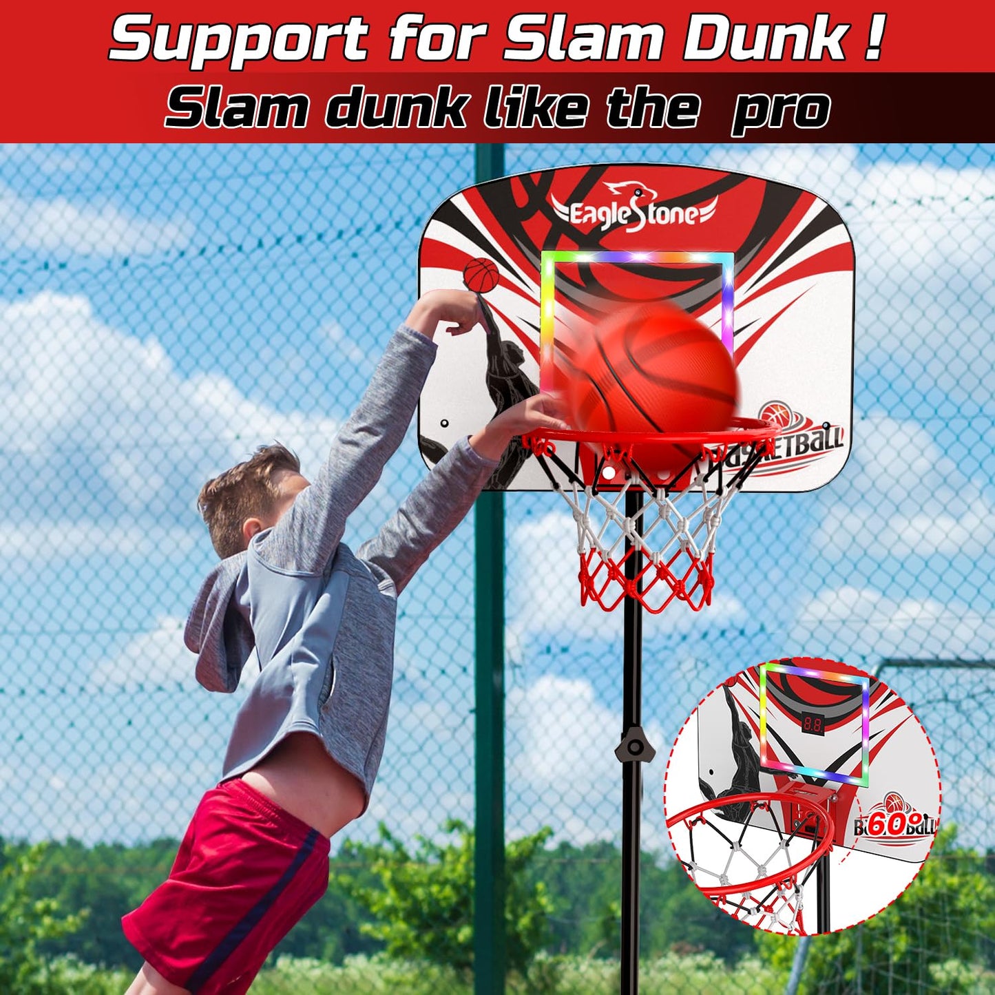 Eaglestone Kid Basketball Hoop Toddlers with LED Lights & Scoreboard, Basketball Hoop Adjustable Height 2.9ft-6ft, Mini Hoop Outdoor with 3 Balls,Basketball Toy Gifts for 3-12 Year Old Boys Girls