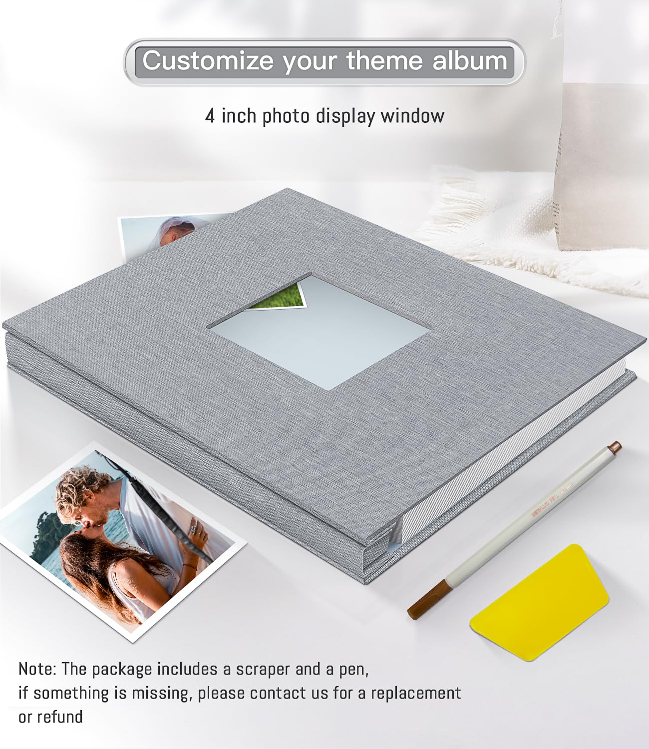 Popotop Photo Album Self Adhesive with Picture Display Window,40 Pages DIY Baby Memory Book for 4x6 8x10 Picture,Linen Cover Scrapbook for Wedding,with Scraper and Metallic Pen