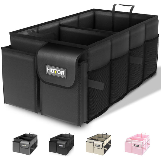 HOTOR Trunk Organizer for Car - Large-Capacity Car Organizer, Foldable Trunk organizer for SUVs & Sedans, Sturdy Car Organization for Car Accessories, Tools, Sundries, Black, 2 Compartments