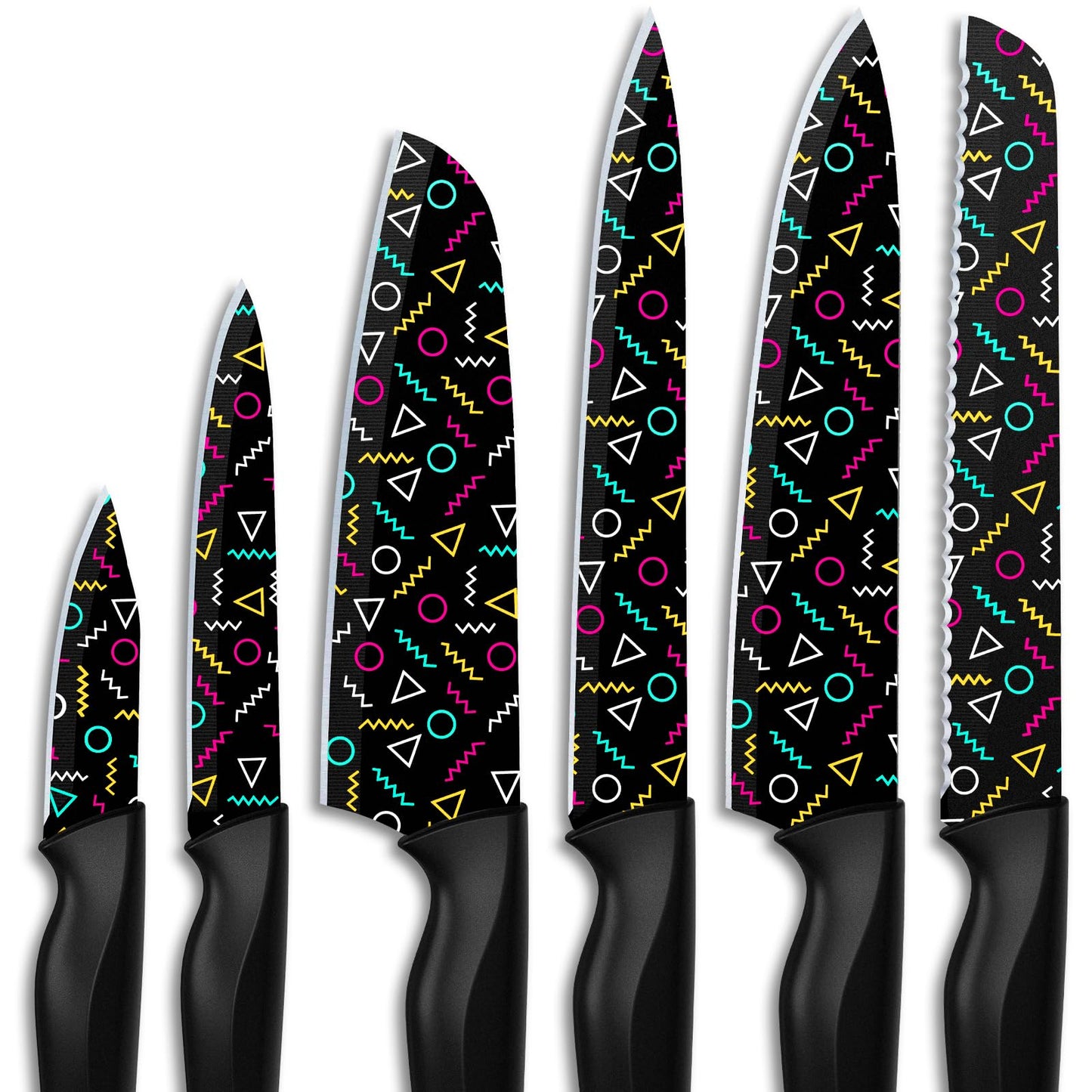 Astercook Knife Set, 12 Pcs Geometric Figure Kitchen Knife Set, 6 Anti-Rust Coating Stainless Steel Kitchen Knives with 6 Blade Guards, Dishwasher Safe
