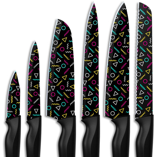 Astercook Knife Set, 12 Pcs Geometric Figure Kitchen Knife Set, 6 Anti-Rust Coating Stainless Steel Kitchen Knives with 6 Blade Guards, Dishwasher Safe