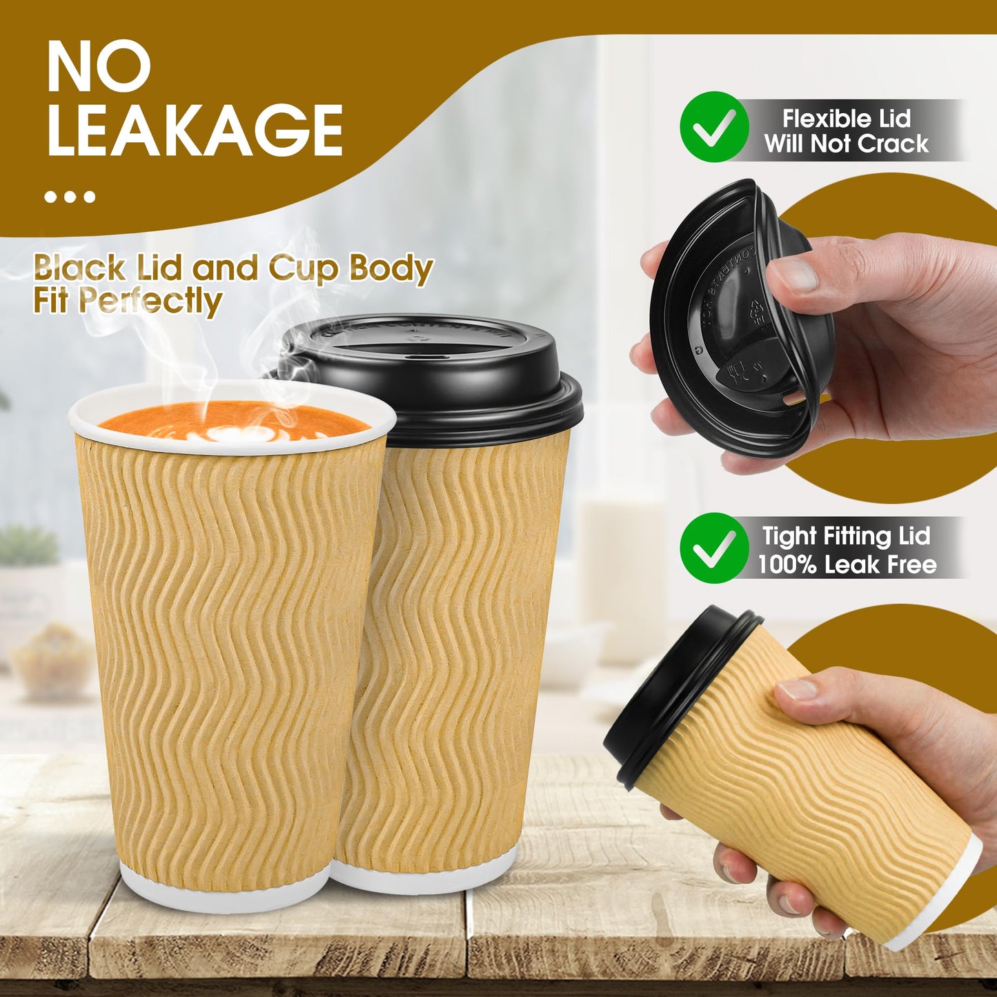 Ginkgo 100 Pack Disposable Coffee Cups with Lids 16 oz, Insulated Ripple Wall To Go Paper Cups for Party Home and Travel - Beige