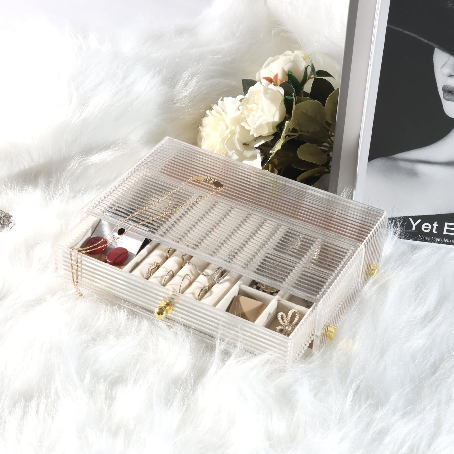 Acrylic Jewelry Box with Wood Dividers & Drawers