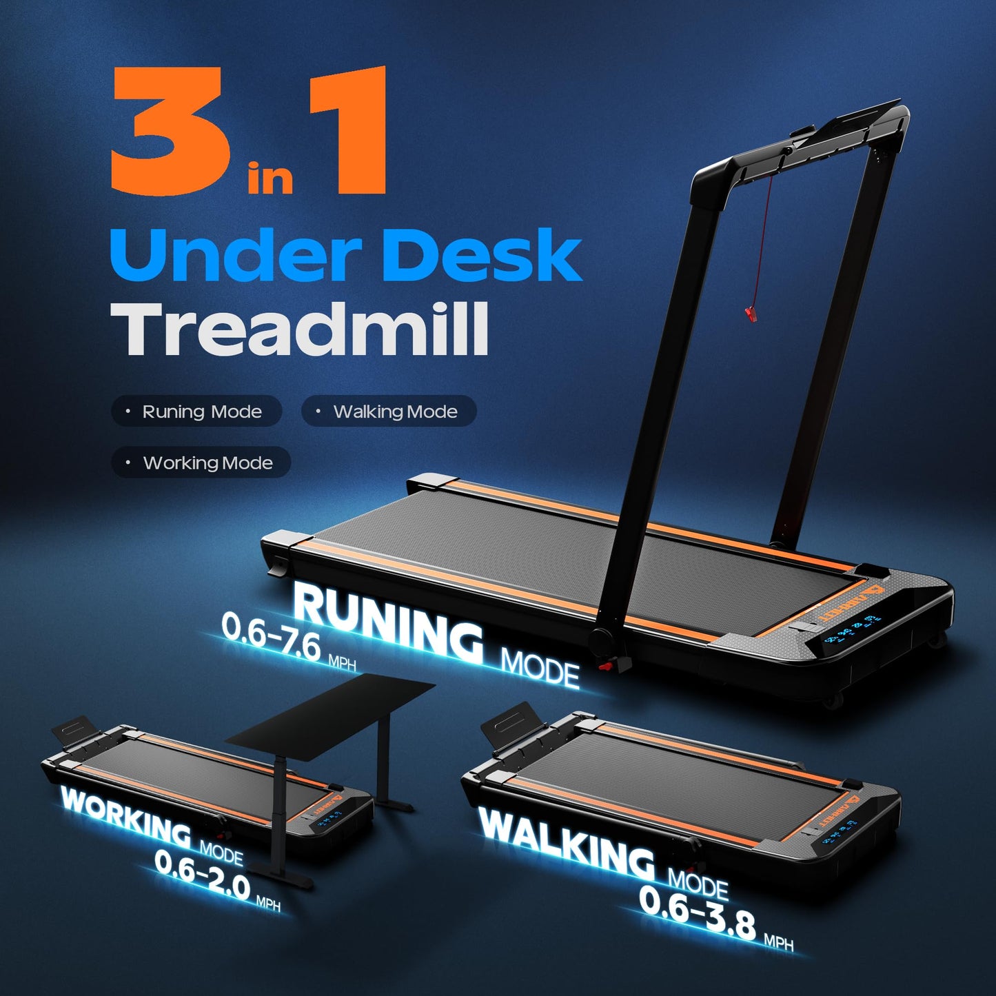 AIRHOT Under Desk Treadmill, Walking Pad 3 in 1 Folding Treadmill, Walking Jogging Treadmills for Home Office, 2.5HP Low-Noise Treadmill LED Display and Knob Speed Adjustment Black