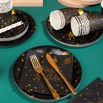 200PCS Birthday Party Decorations Black Birthday Plates and Napkins Party Supplies Plate, Cups, Spoons, Fork, Napkins. for Black and Gold Party Decorations