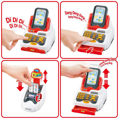 Pretend Play Smart Cash Register Toy, Kids Cashier with Checkout Scanner,Fruit Card Reader, Credit Card Machine, Play Money and Grocery Play Food Set, Educational Toys for Boys & Girls Gifts Toddlers