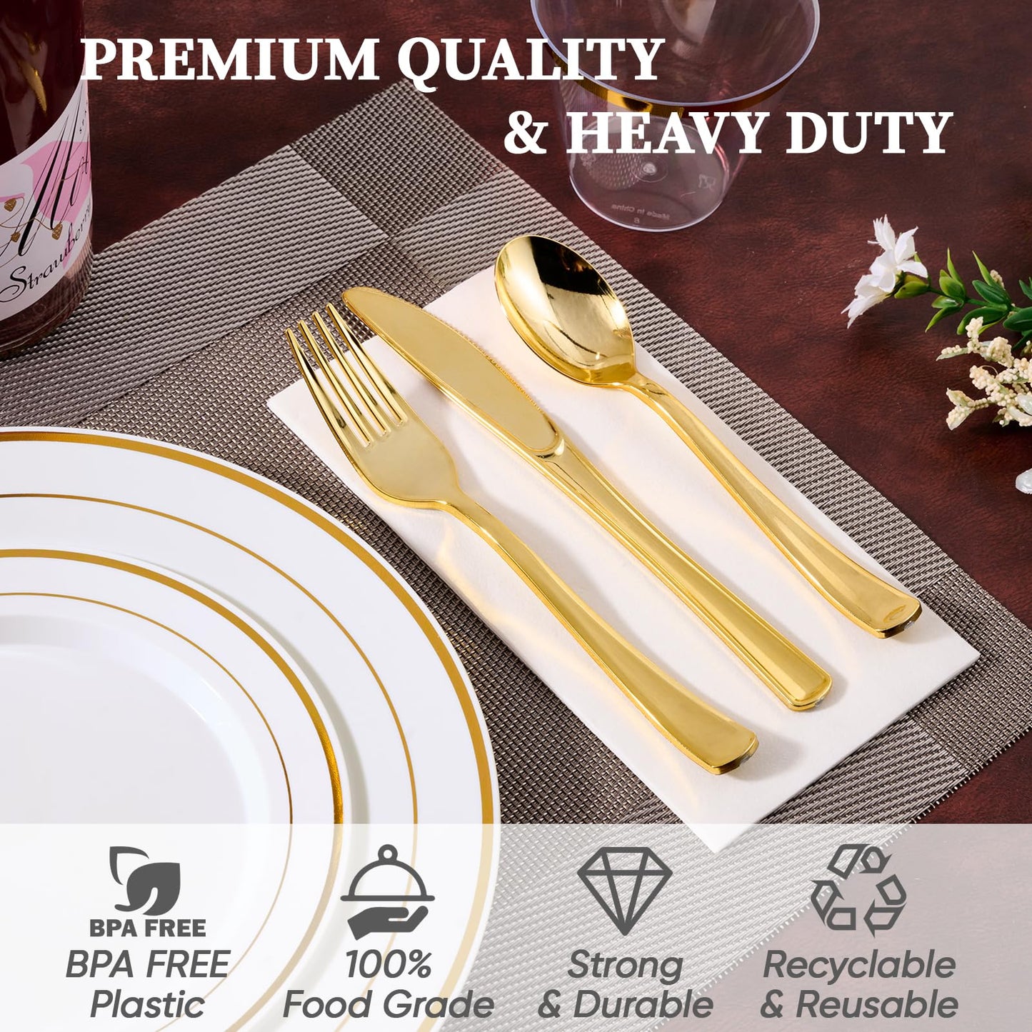 600 Piece Gold Rimmed Disposable Dinnerware Set for 100