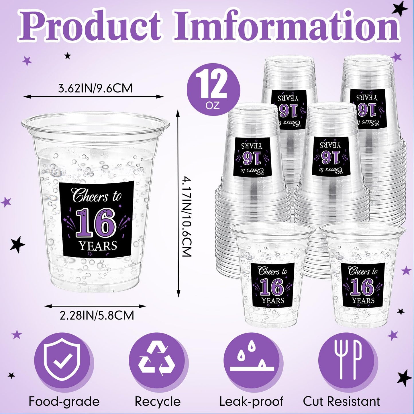 60 Pack Disposable Birthday Cups for 16th Anniversary