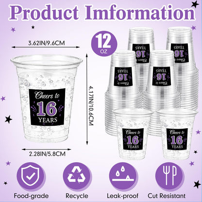 60 Pack Disposable Birthday Cups for 16th Anniversary