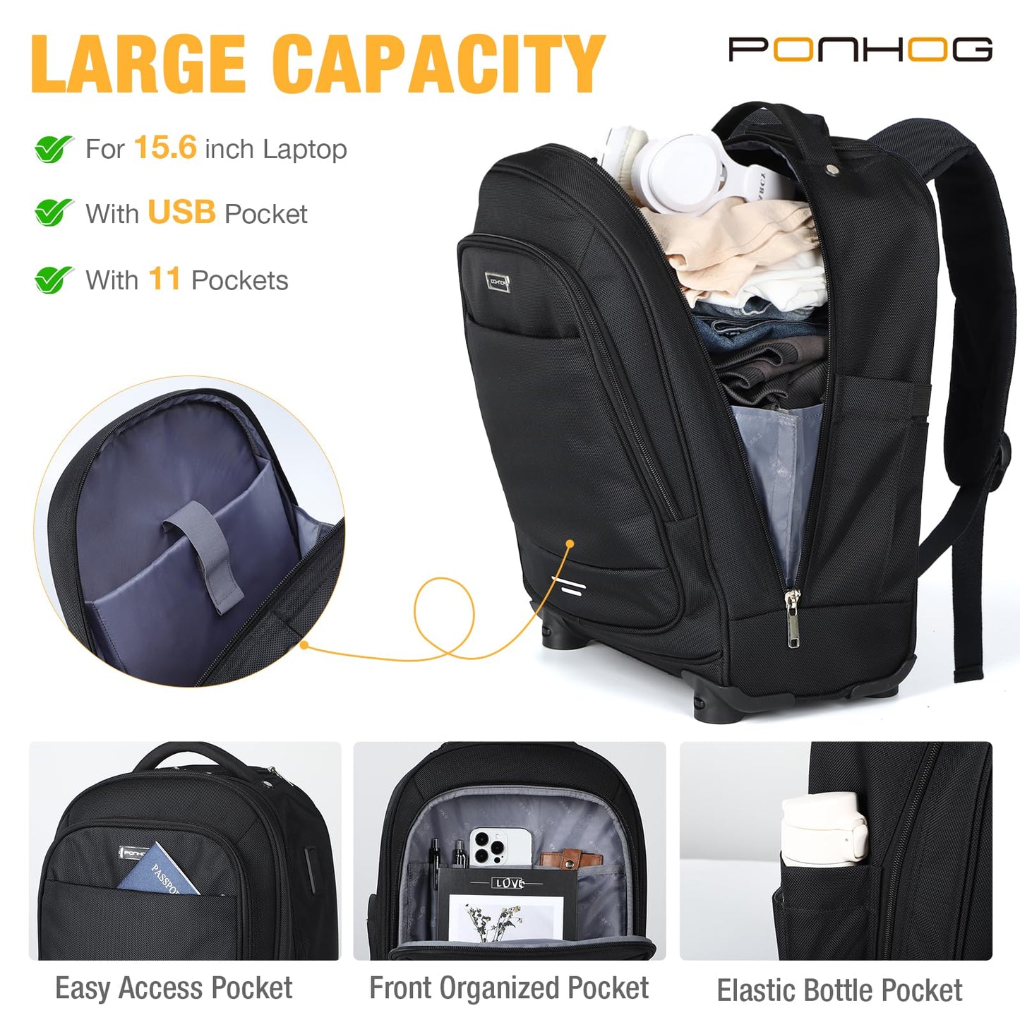 Rolling Backpack with 4 Spinner Wheels