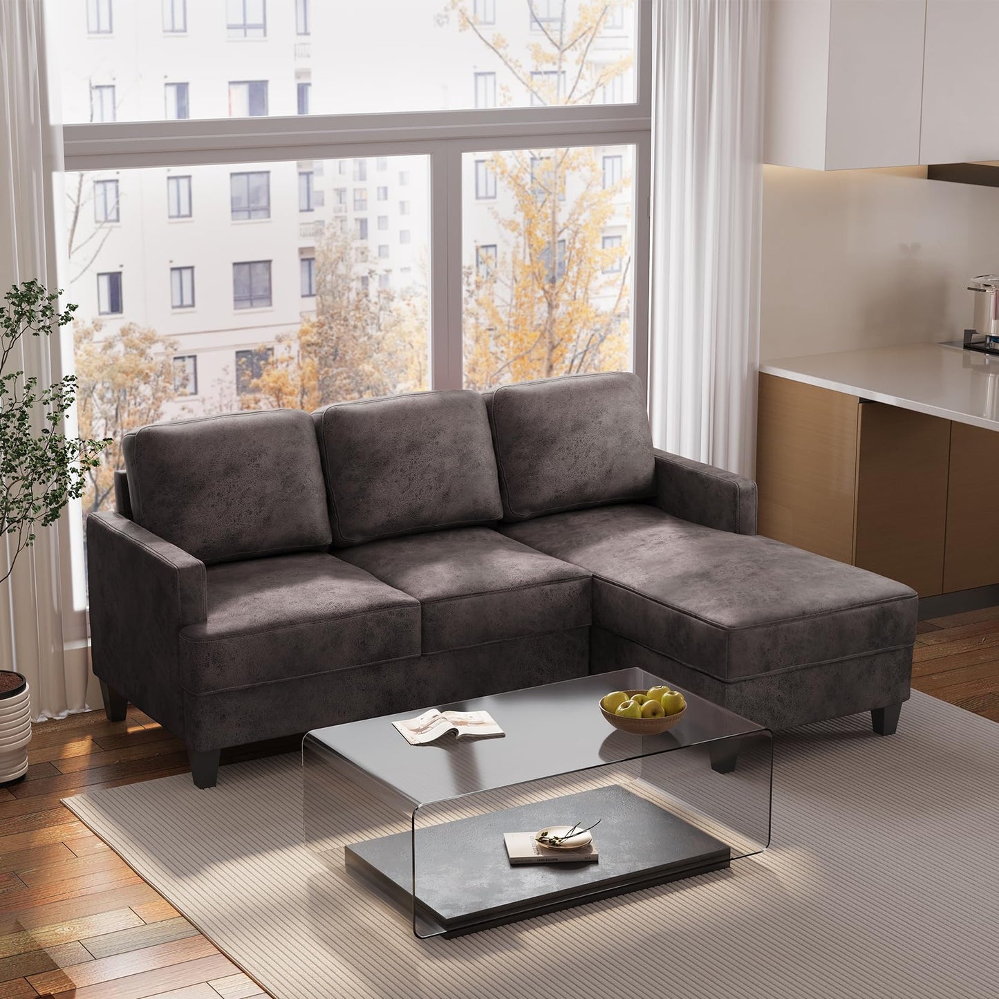 Vesgantti Sectional L Shaped Sofa, 3 Seater Modern Faux Leather Couch with Chaise Lounge Sofa, Deep Seat Cushions, 74 inch Small Couches for Living Room, Apartment and Office, Deep Brown