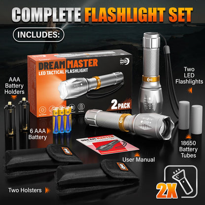 2 Pack LED Flashlights High Lumens with 6 AAA Batteries, 5 Modes Mini Waterproof Tactical Flashlight for Camping Hiking, Bright Flashlight with Zoomable, Fathers Day Dad Gifts for Men, Silver & Orange