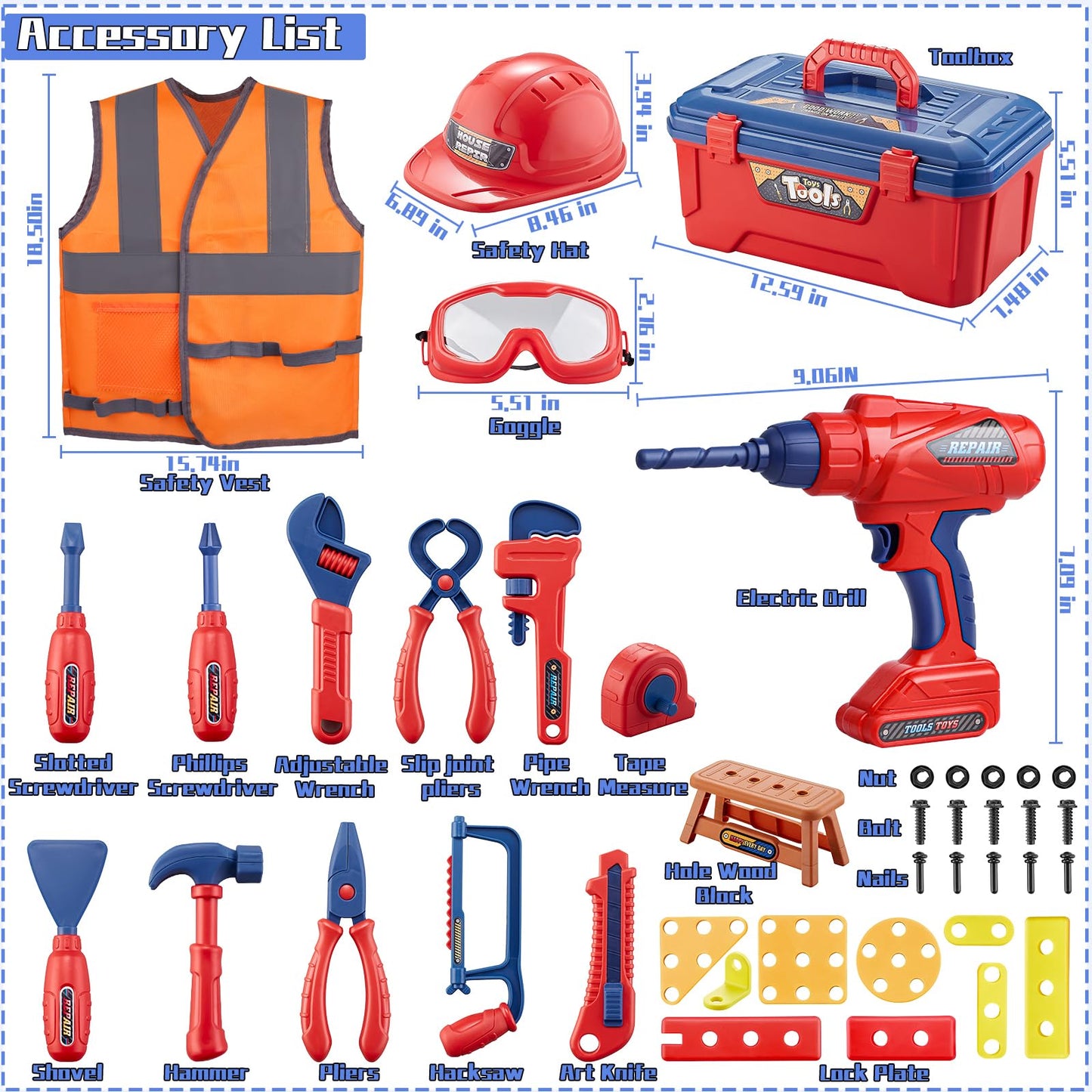 Magic4U Kids Tool Set, 49PCS Toddler Tool Set with Electronic Toy Drill,Tape Measure 12 Tool Equipements,Pretend Play Construction Coustume with Safety Vest Hat,Toy Tool Box for Kids Boy Girl Age 3-8