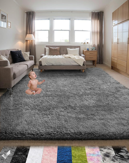 Poboton Area Rugs for Bedroom Living Room, 4X6 Ft Grey Fluffy Washable Rug, Modern Shaggy Carpets Fuzzy Rug for Kids Boys Girls Dorm Nursery Home Decor Aesthetic, Upgrade Anti-Skid Durable