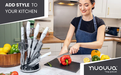 Professional Kitchen Knife Set – 7pcs Calcutta Marble Kitchen Knives – 360 Degree Rotating Knife Block Sharp Stainless Steel Blades – by Nuovva