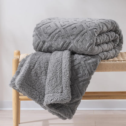 EVERGRACE Jacquard Boho Sherpa Fleece Throw Blanket for Couch, Super Soft Cozy Fuzzy Plush Blankets for Winter, Reversible Thick Warm Blanket for Bed, Sofa, Living Room, Grey, 50" x 60"