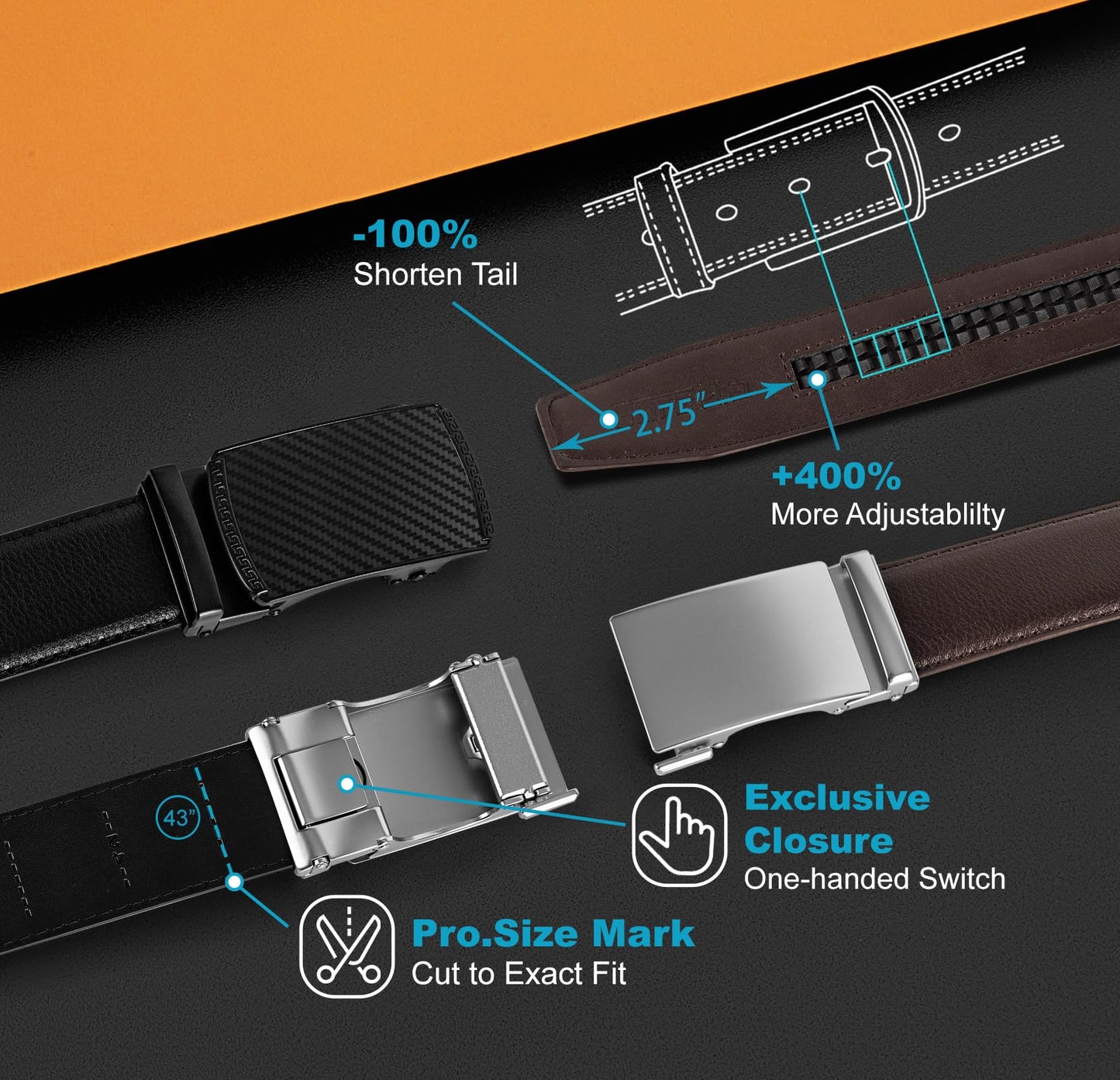 2 Pack Adjustable Ratchet Belts for Men
