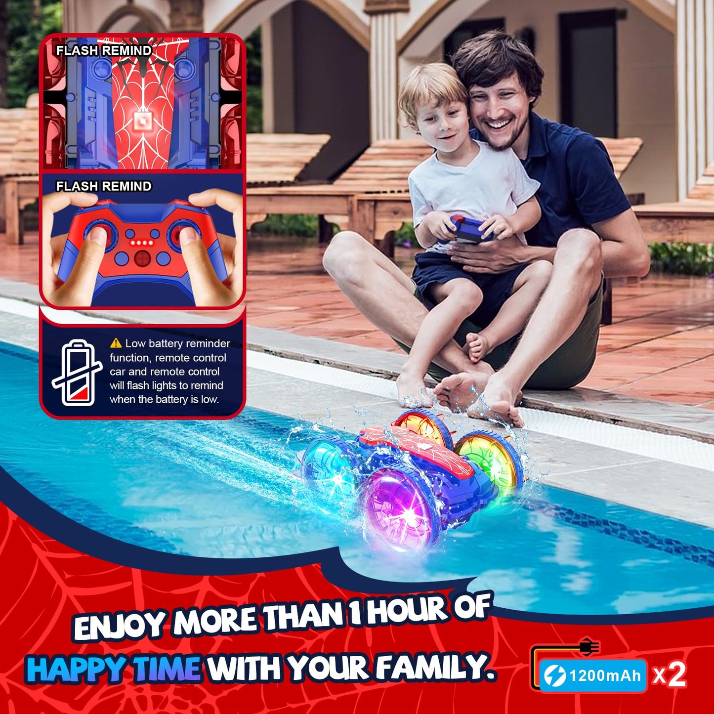 SHXYKZ Spider Amphibious Remote Control Car Boat, Spider Toys for Ages 6 7 8 9 10 11 12, 360° Gesture Sensing RC Vehicle, 4WD Waterproof Stunt Car with LED Lights, Gifts for Boy and Girl
