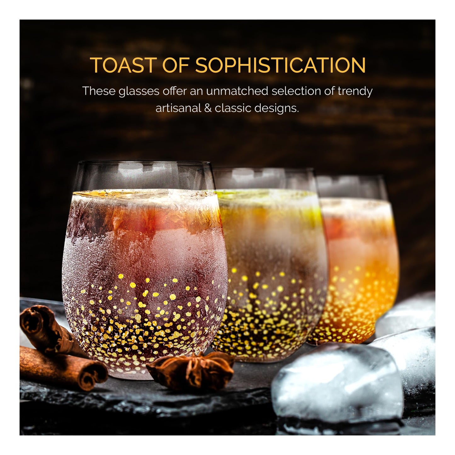 American Atelier Luster Stemless Goblet | Set of 6 | Made of Glass | Gold and Silver Confetti Design | 18-Ounce Capacity | Smooth Rim Red Wine Glasses | White Wine Tumblers