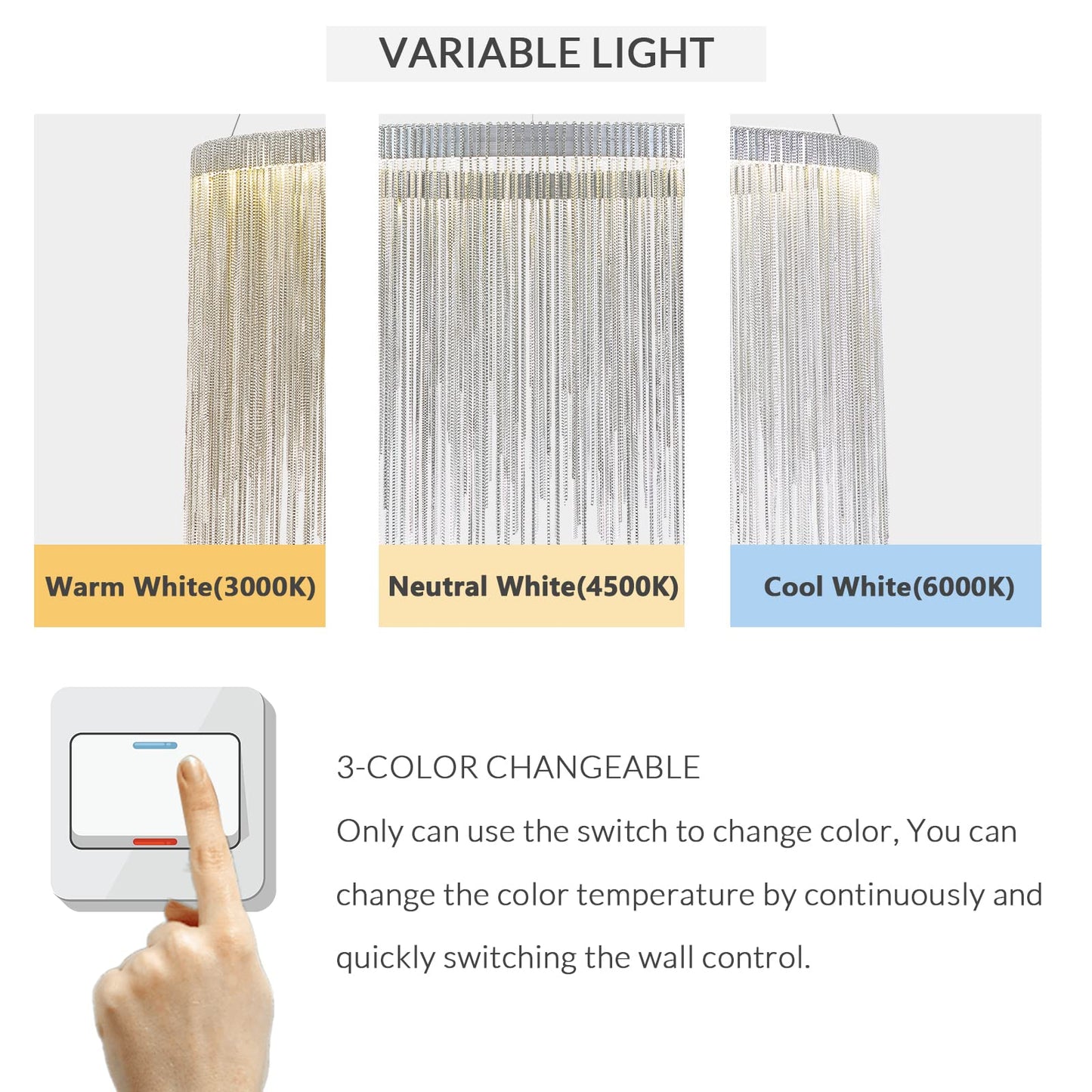 Siljoy Modern Round Aluminum Tassel Chandelier, LED Linear Chrome Chain Pendant Light Stainless Steel Ring Suspension Lighting Fixture for Dining Room Kitchen Island Dia 20" x H14