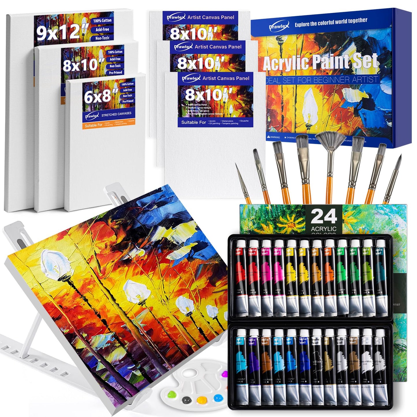Acrylic Paint Set with Canvases and Brushes