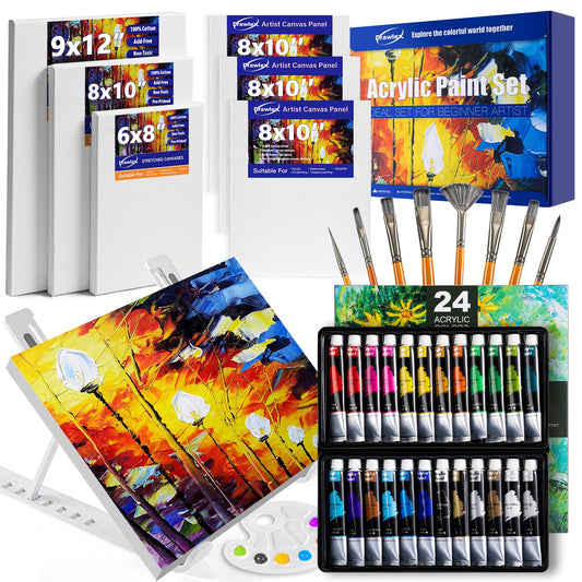 Acrylic Paint Set with Canvases and Brushes