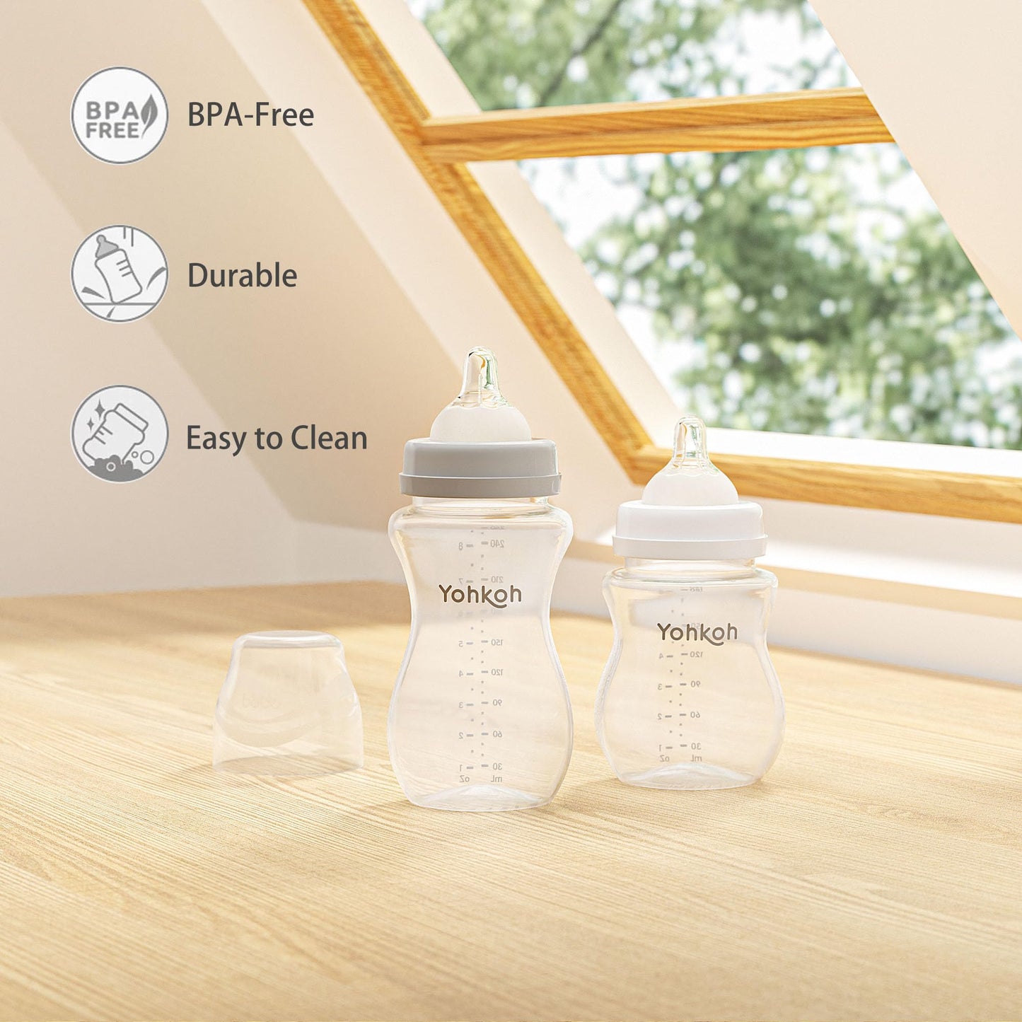 YOHKOH Natural Flow PP Baby Bottle with Natural Response Nipple, Wide Neck Anti-Colic Baby Bottles, Easy to Clean (6.4oz (Pack of 2), Multicolour)
