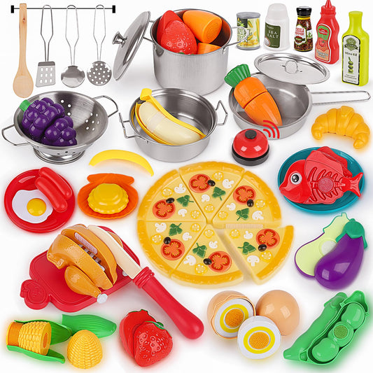 Pretend Play Kitchen Accessories- 64pcs Stainless Steel Play Pots Pans with Cutting Toy Food, Toy Cookware Cooking Utensils, Pretend Food Toy, Pizza Toy, Kids Kitchen Playset for Toddler Boys Girl