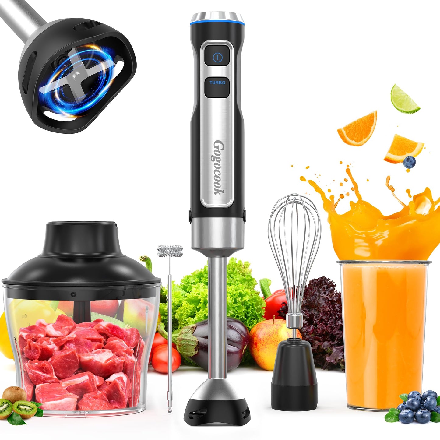 Immersion Blender 5 in 1 Hand Blender, Electric Blender Max 1000W Heavy Duty Motor, 21 Speed & Turbo Mode Handheld Blender, Milk Frother, Egg Whisk, 800ml Beaker, 600ml Chopper Stainless Steel Blades