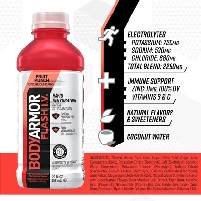 BODYARMOR Flash I.V. Electrolyte Beverage, Fruit Punch, 20 Fl Oz (Pack of 12)