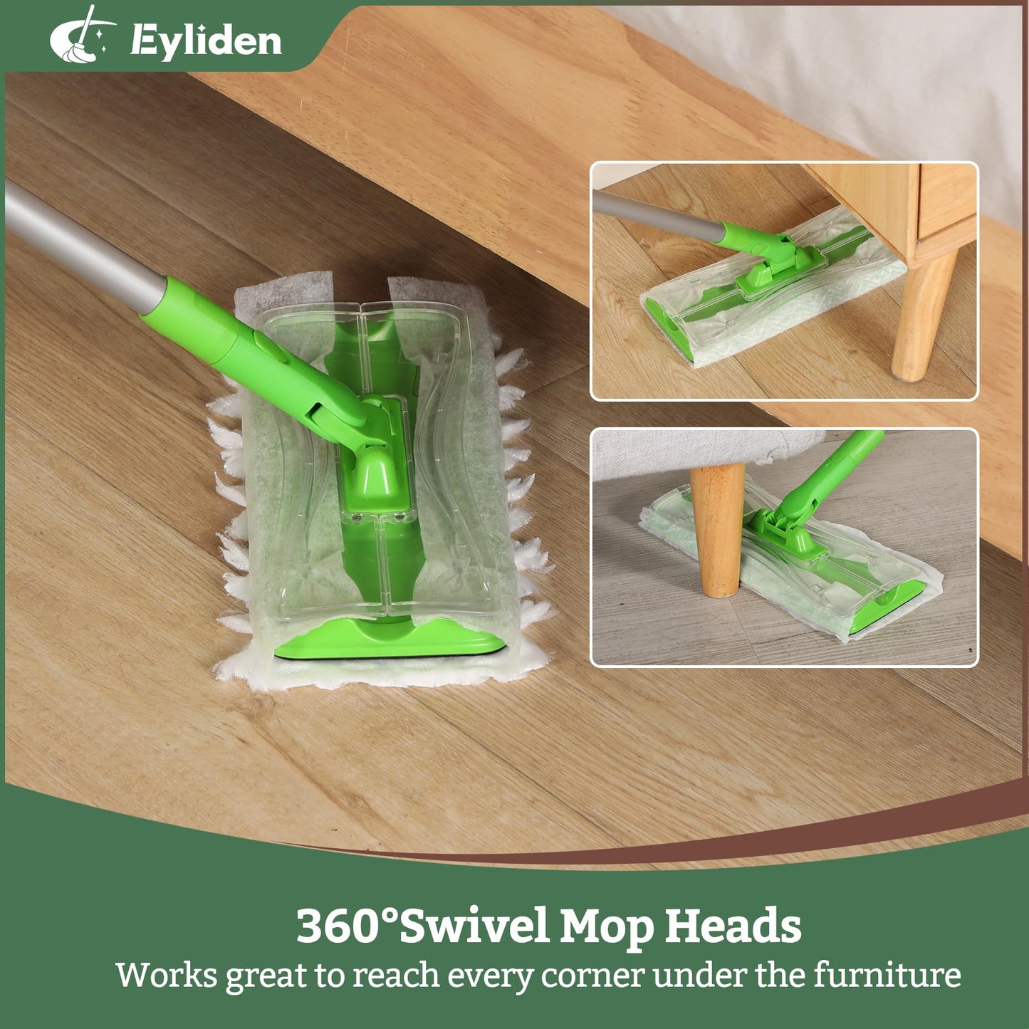 Eyliden Sweeper Mop - Lock Tight Design No Lost Pads - 36 Disposable Dry & Wet Cloths, Dust Mop Starter Kit for Pet Hair, Hardwood Floors, 360 Swivel, Universal Refills, Efficient Floor Cleaning