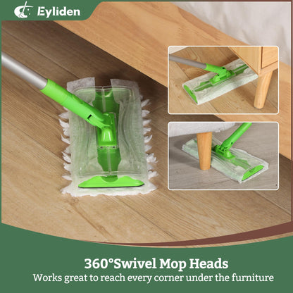 Eyliden Sweeper Mop - Lock Tight Design No Lost Pads - 36 Disposable Dry & Wet Cloths, Dust Mop Starter Kit for Pet Hair, Hardwood Floors, 360 Swivel, Universal Refills, Efficient Floor Cleaning