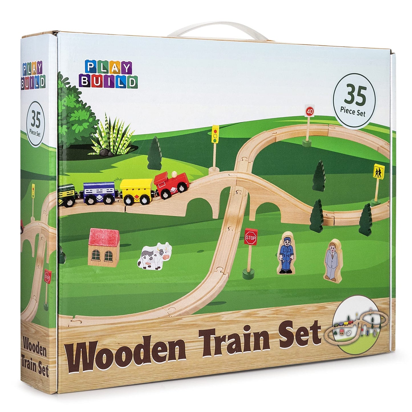 Play Build Wooden Train Set, Complete Toddler Train Set, 35 Piece Interactive Play & Learn Set, Creative Wooden Train Track Design, Premium Quality, Ages 3+ (35 Piece Set)