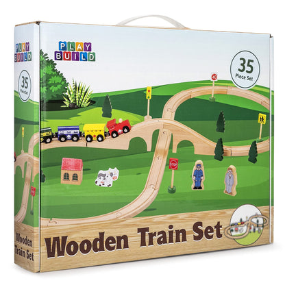 Play Build Wooden Train Set, Complete Toddler Train Set, 35 Piece Interactive Play & Learn Set, Creative Wooden Train Track Design, Premium Quality, Ages 3+ (35 Piece Set)