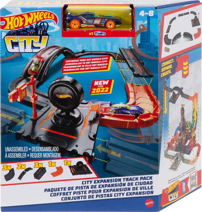 Hot Wheels Toy Car Track Set Pack, 10 Track-Building Parts with City Square, Bridge & 1:64 Scale Vehicle, Connects to Other Tracks