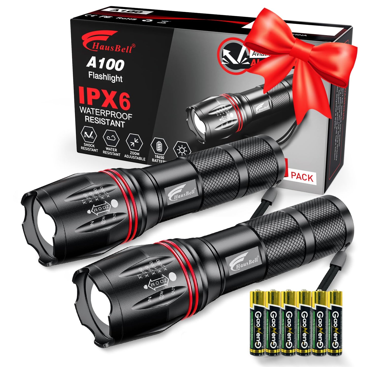 HAUSBELL LED Tactical Flashlight with Zoom, 2 Pack