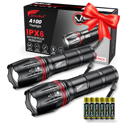 HAUSBELL LED Tactical Flashlight with Zoom, 2 Pack