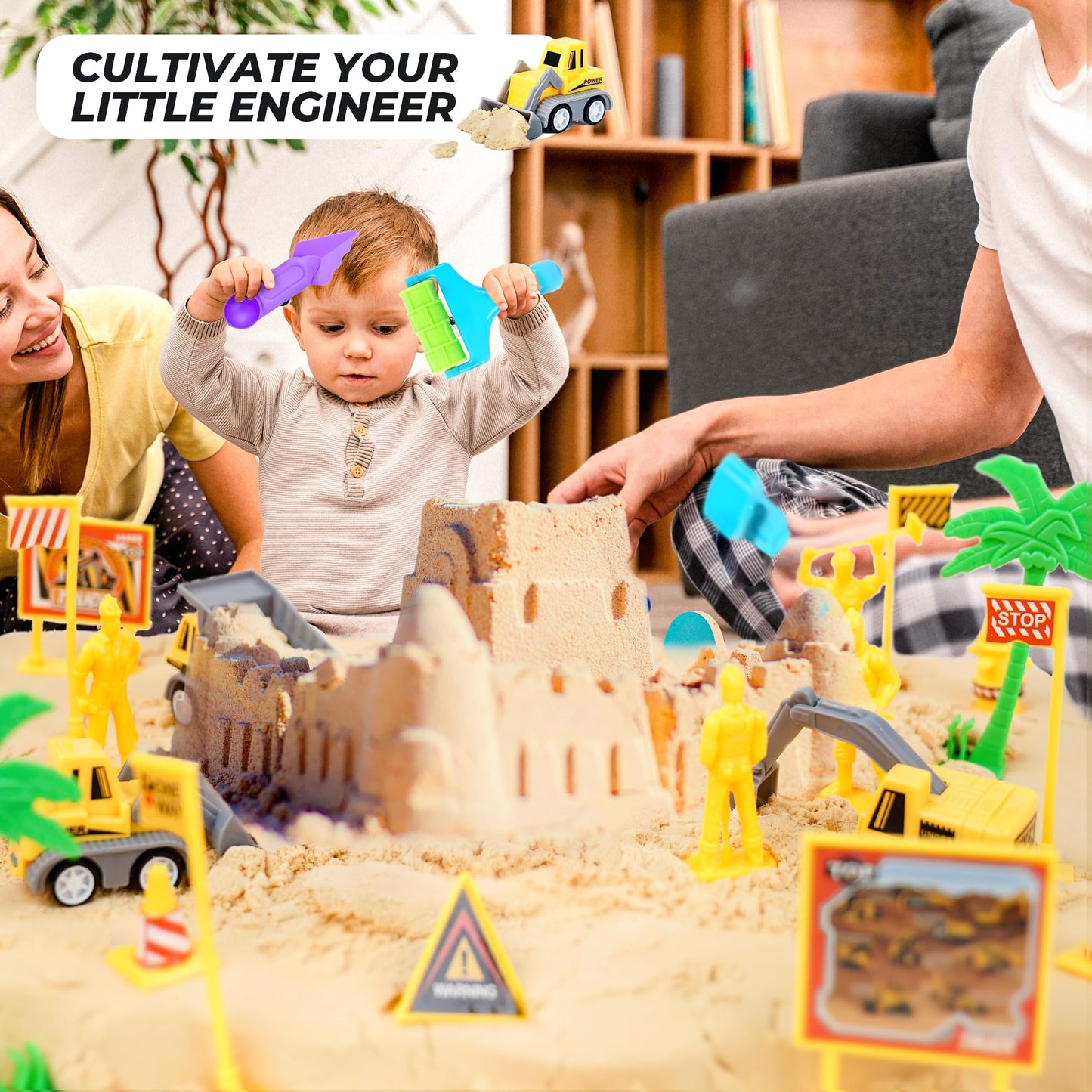 SMILESSKIDDO Construction Sand Play Set - Sensory Bin with 3.3lbs Magic Sand, 3 Construction Vehicles, 4 Worker Figures and 12 Road Signs, Sand Box Toys for Kids