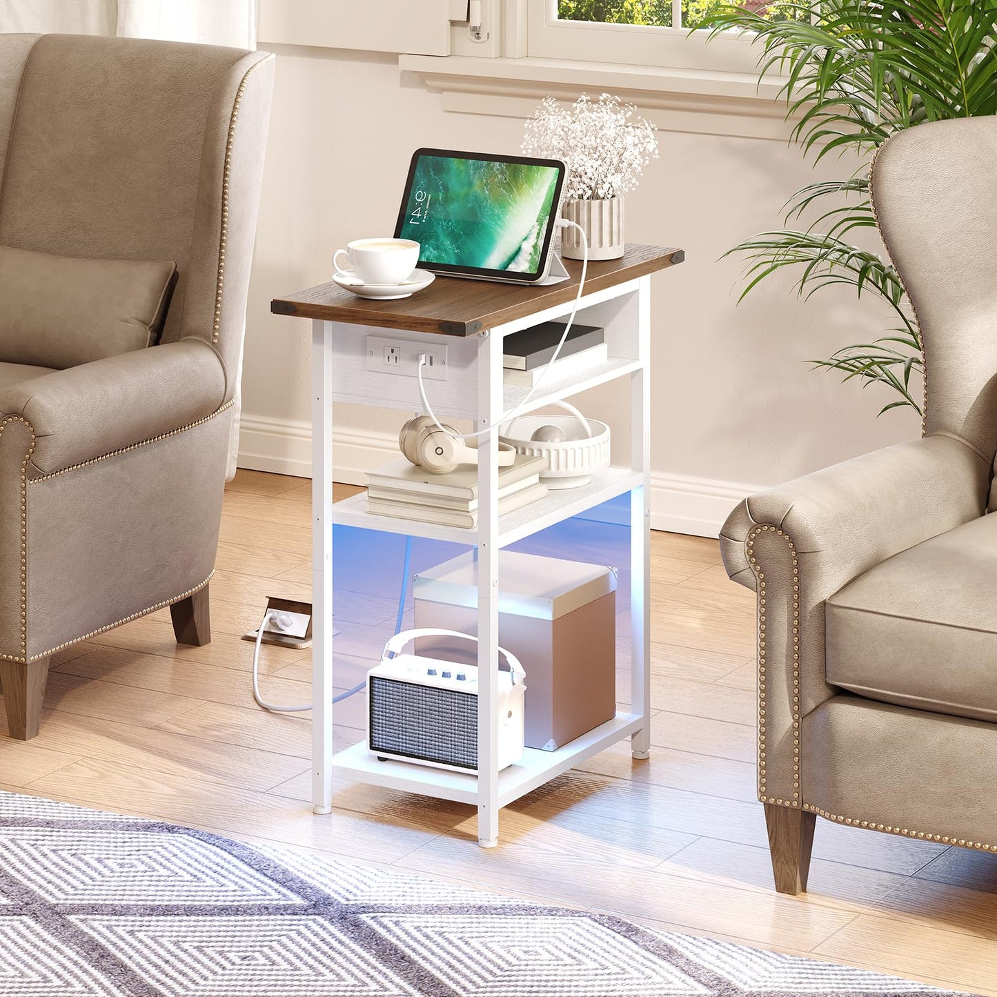 HOOBRO Slim Nightstand with Charging Station and LED