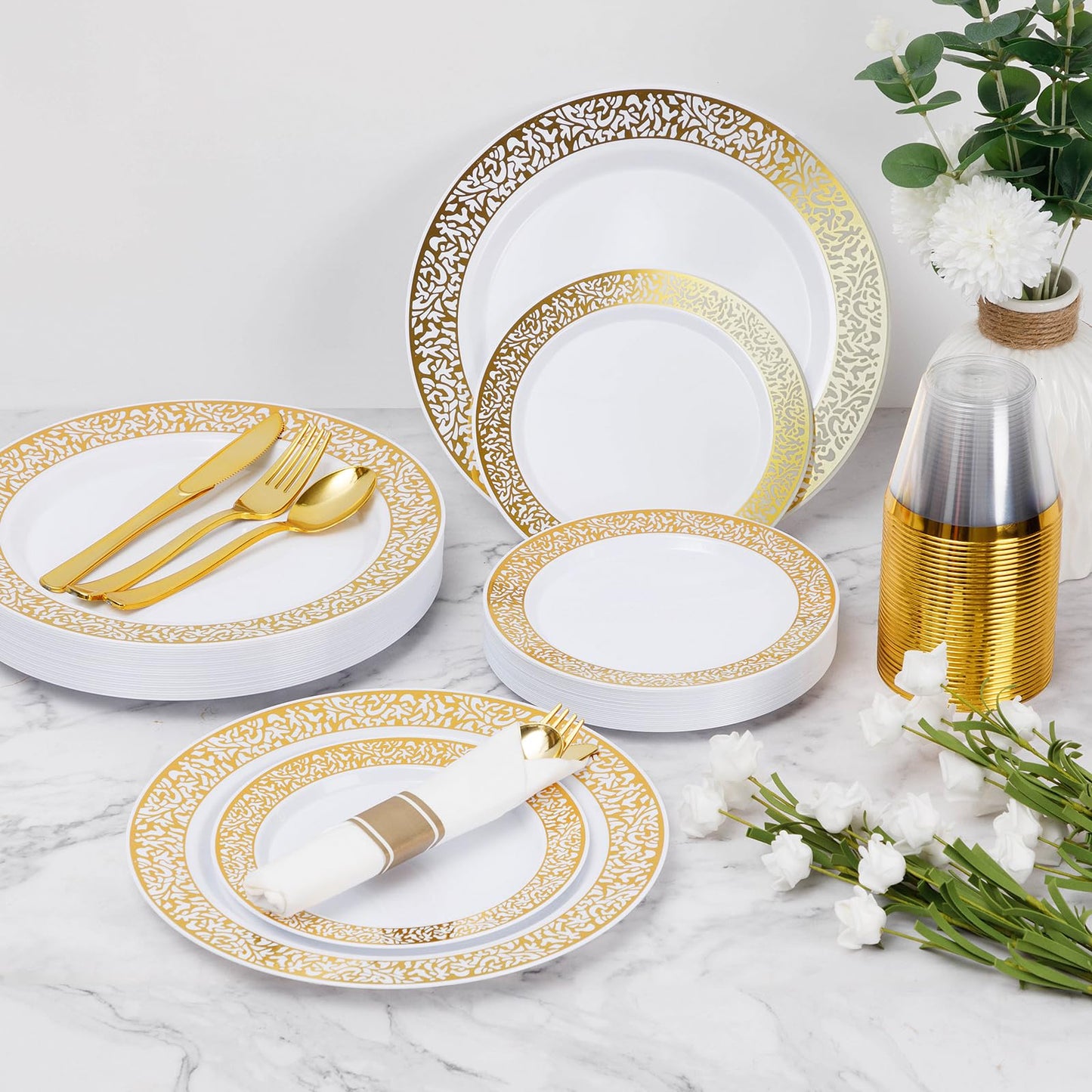 Goodluck 175 Piece Gold Plastic Dinnerware Set for 25 Guests, Disposable Lace Plates for Party, Include: 25 Gold Dinner Plates, 25 Dessert Plates, 25 Pre Rolled Napkins with Silverware, 25 Cups