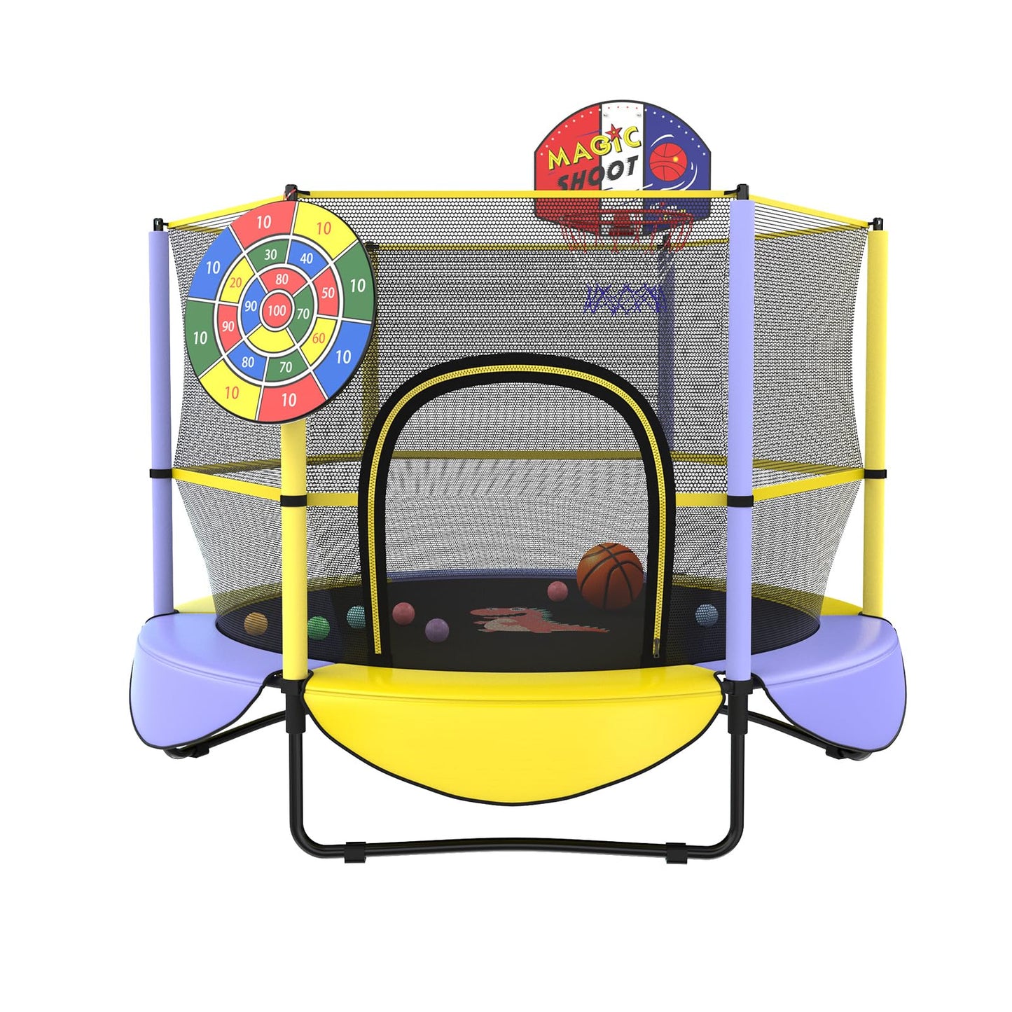 Gardenature Toddler Trampoline for Kids Mini Trampoline Outdoor Indoor Small Trampoline with Net, Basketball Hoop,with Dart Board 5FT Yellow Purple
