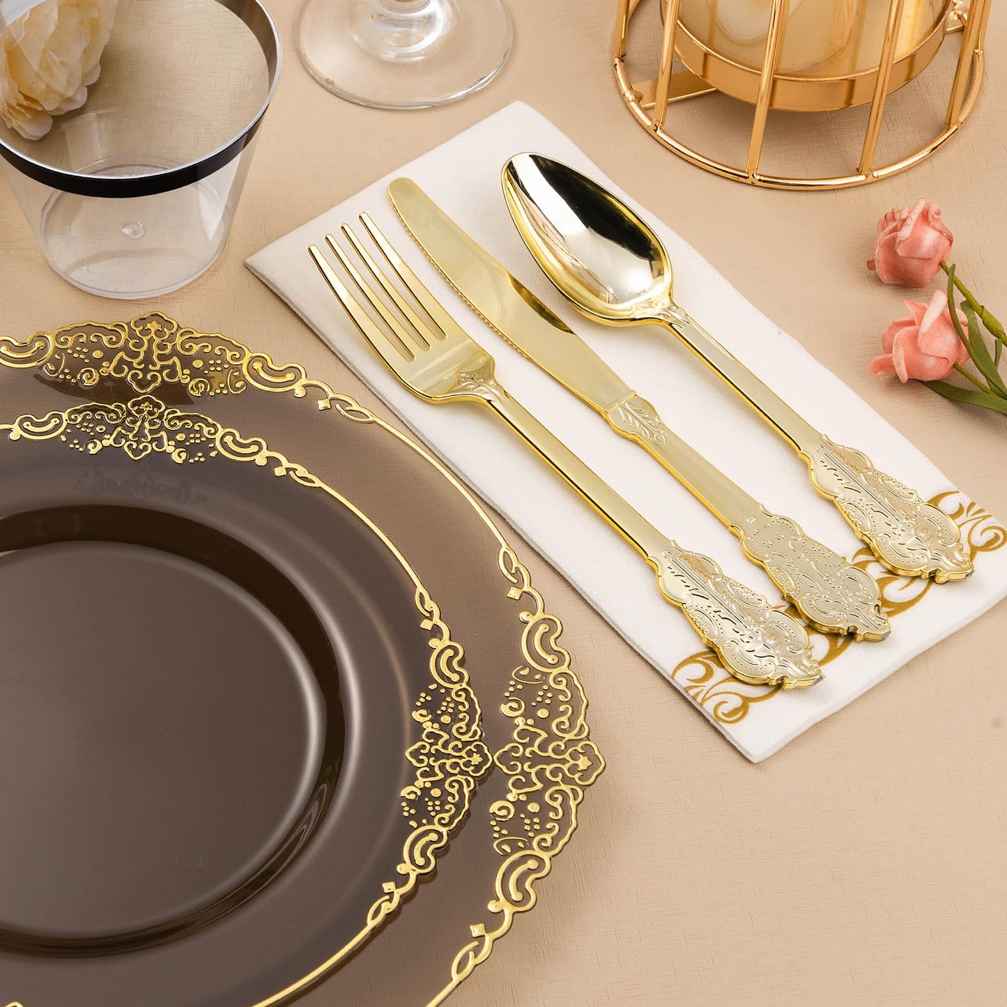 Bestluck 350PCS Clear Black Plastic Plates for 50 Guests, Disposable Plates with Gold Trim include 50 Dinner plates, 50 Dessert Plates, 150 Gold Silverware, 50 Cups, 50 Napkins for Wedding & Party