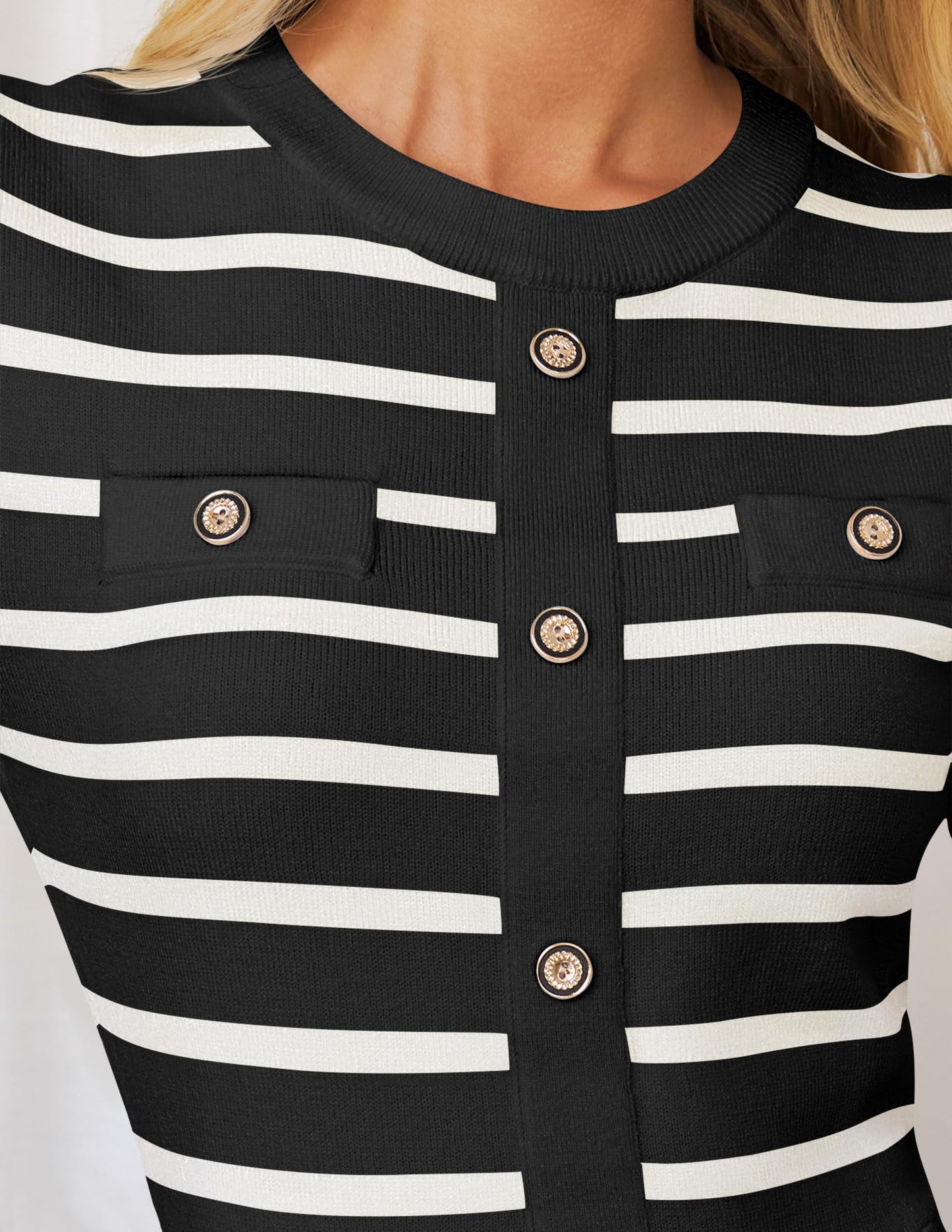 ZESICA Womens Long Sleeve Striped Midi Dresses Crewneck Button Ribbed Knit Pleated A Line Swing Sweater Dress,Black,Medium