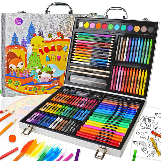 Cokiki Art Supplies, 184-Piece Drawing Art Set, Christmas & Birthday Art Kit for Kids 4 5 6 7 8 9+ with Colored Pencils,Crayons,Oil Pastels,Watercolor Paint Set