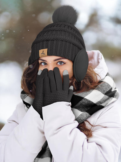 Winter Hat Scarf Gloves and Ear Warmer, Knit Warm Beanie Hat Touch Screen Gloves Long Knitted Plaid Scarf Set Gifts for Women Dark Gray