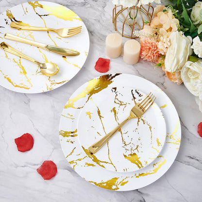JOLLY PARTY 180PCS Disposable Dinnerware Set 30 Guest, 60 White and Gold Plastic Plates, 30 Plastic Silverware, 30 Plastic Cups, Marble Design Dinnerware for Wedding and Parties