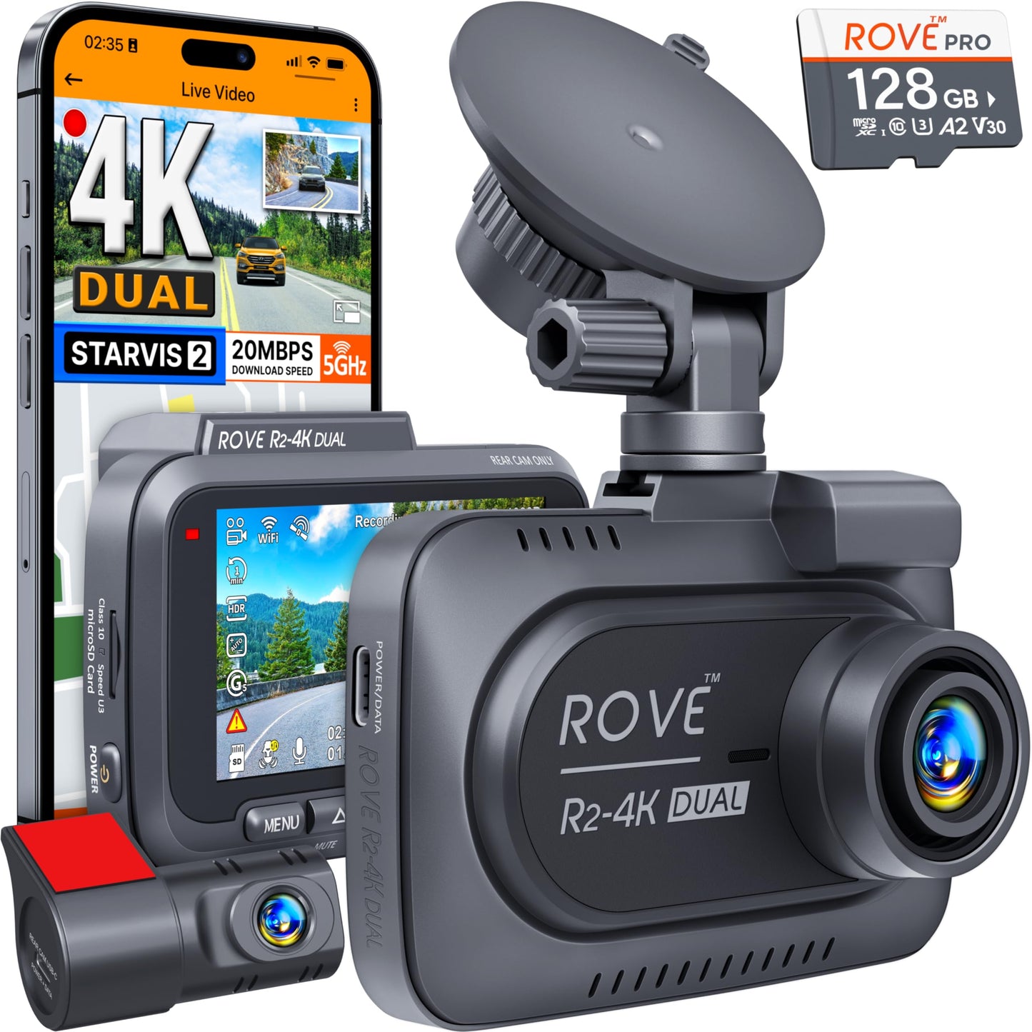 ROVE 4K Dual Dash Cam with 128GB Card