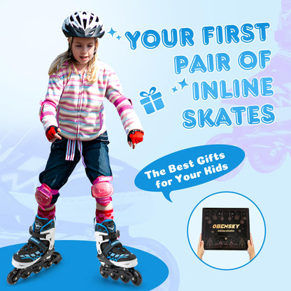 OBENSKY Inline Skates for Kids Ages 5-8, Adjustable Inline Skates for Boys and Girls 8-12 with Light Up Wheels, Outdoor Roller Skates for Beginners Children Teens with Free Skate Bag - Large,Blue